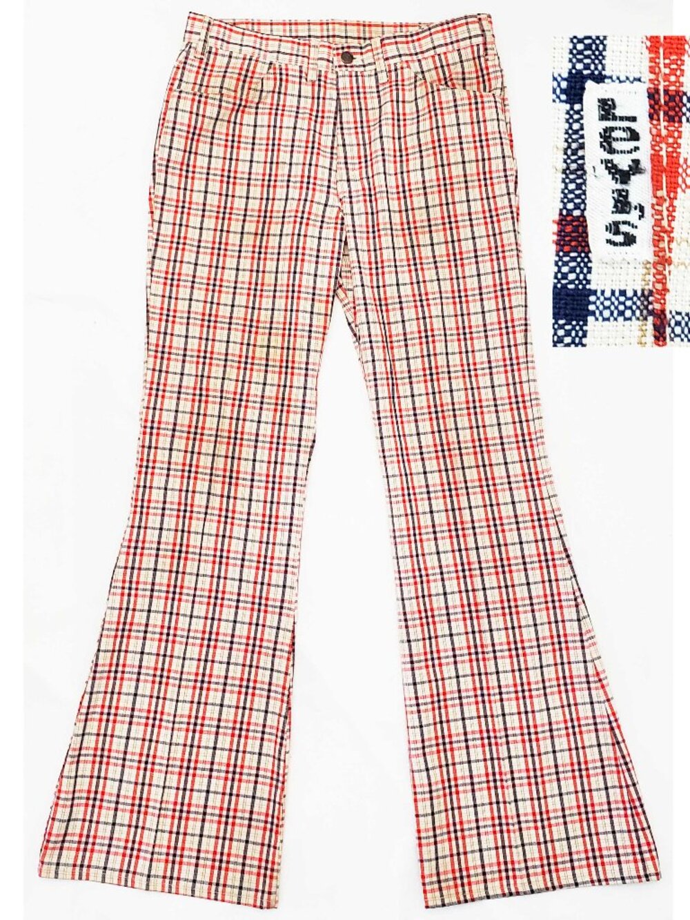 Vintage Levi’s Sta-Prest Checkered Plaid Bell Bottom Pants 70s Red White Blue 34